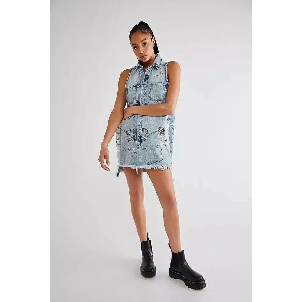NEW FREE PEOPLE X ONE TEASPOON Sz S TATTOO SALTY DOG BRAXTON MINI DENIM DRESS